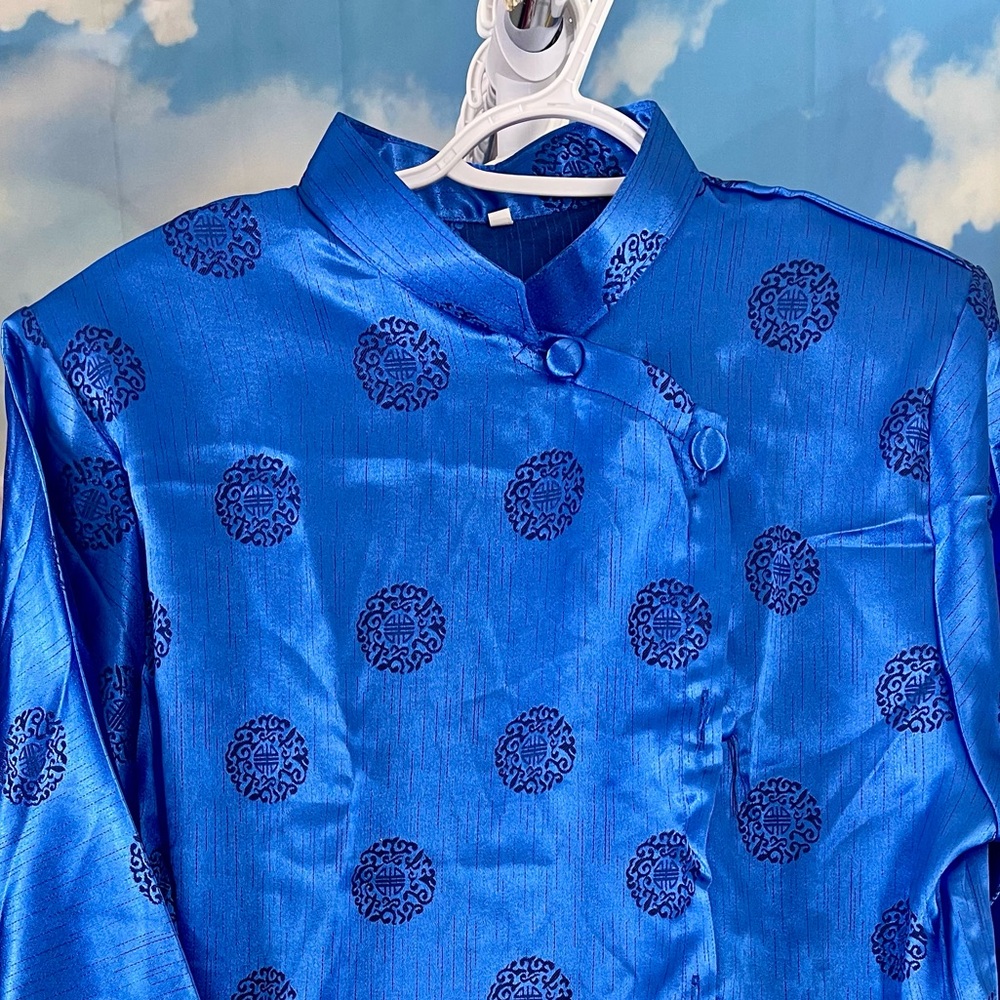 New ao dai gam cach Tan Nam, Men’s modern contemporary long dress top blue xl